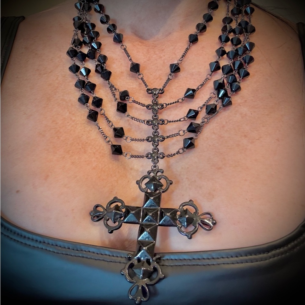 Elegant Beaded Black Cross Necklace LOT #18